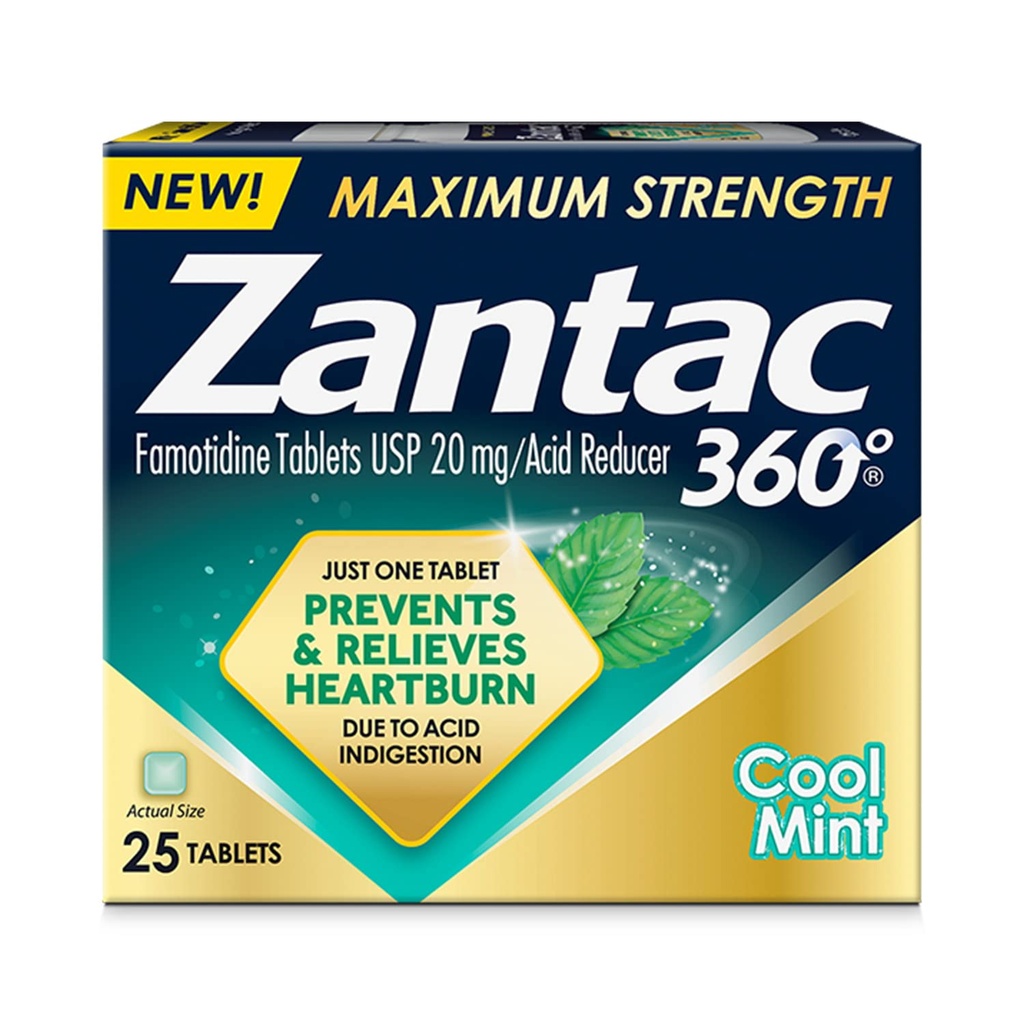 Zantac 360 Maximum Strength, Cool Mint, 25 Count, Heartburn Prevention & Relief, 20mg Tablets