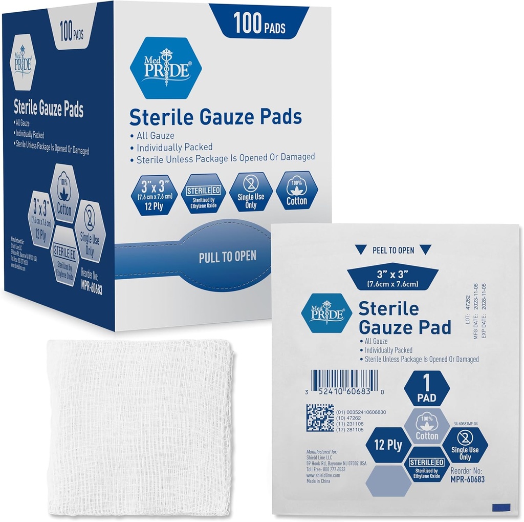 MEDDE PRISerile Gauze Dresing Pads, 12 Ply Absorbent Cotton, individualment Wund, no Stick, Eliminació sense dolor (3x3 polzades (Par de 100)