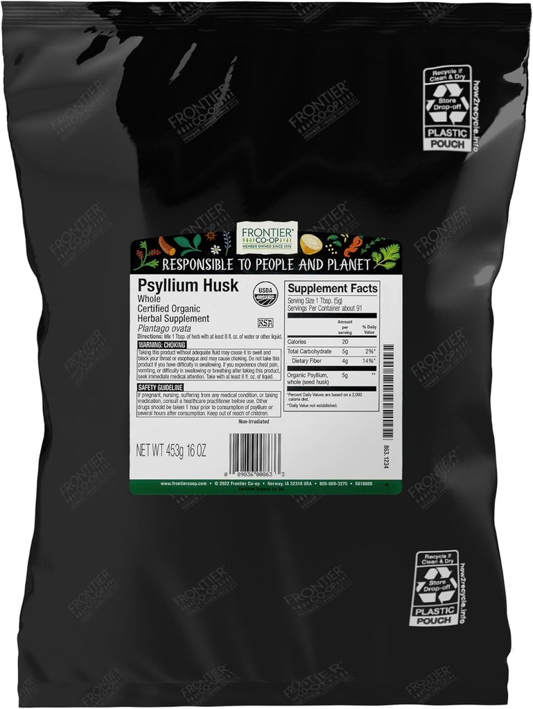 Frontier Co-op Psyllium Husk 1lb - nguyên Psyllium Husk, hữu cơ & Kosher - Psyllium Husk Fiber cho Baking, Psylilium Nutritional phụ cho Bản tóm tắt, Psyium Huskwder Bulk