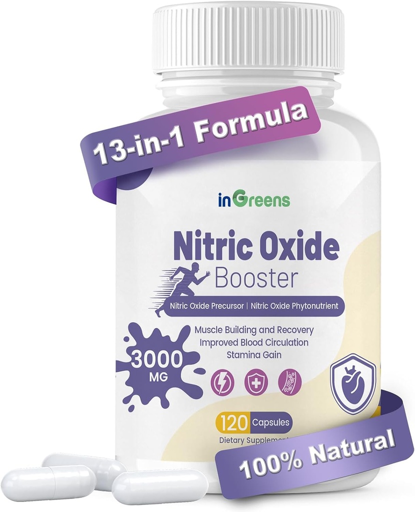 Nitric Oxide Supplements for Men & Women, 3000mg, 120 Capsules - 13-in-1 Nitric Oxide Booster for Muscle Growth, Heart Health, Energy & Circulation – Non-GMO, Gluten-Free
