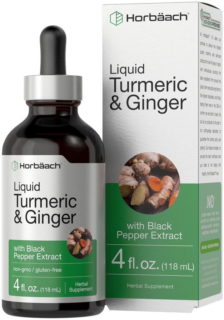 Horbaach Turmeric and Ginger Supplement Drops | 4 fl oz | with Black Pepper Extract | Herbal Liquid Tincture | Vegan, Non-GMO & Gluten Free
