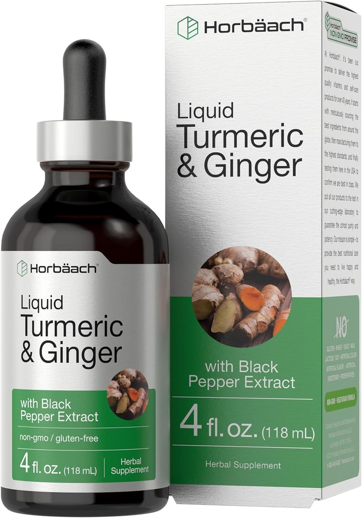 Horbaach Turmeric och Ginger Supplement Drops | 4 fl oz | med Black Pepper Extract | Herbal Liquid Tincture | Vegan, Non-GMO & Gluten Free