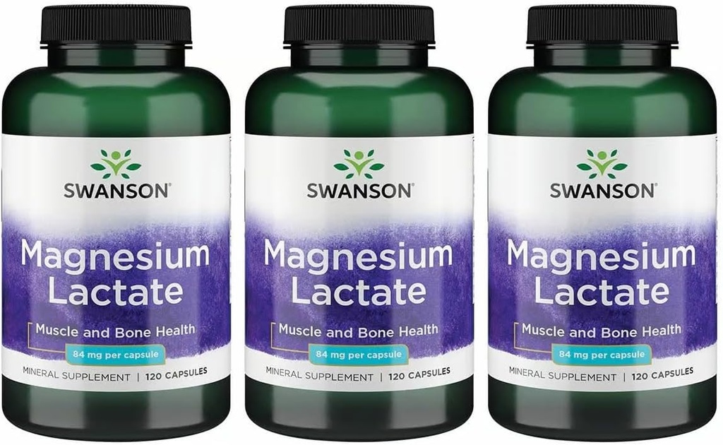 Swanson Magnesium Lactaat - Mineral Supplement Promoting Muscle and Bone Health Support - Lactose-Free Lactate Mineral Form for Gentle Absorptie - (120 Capsules, 84mg Each) 3 Pack