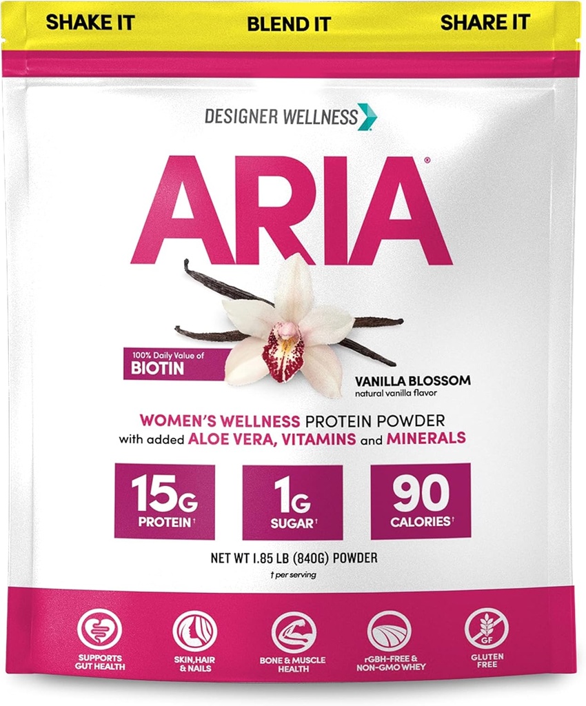 מעצב בריאות, Aria, Women's Wellness Low Calorie Vanilla אבקת חלבון עם ביוטין, ויטמין C ו- אורגני Aloe, Vanillaפריחה, 1.85 פאונד