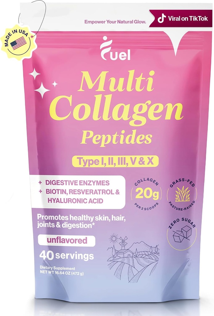 דלק Multi Collagen Peptides אבקת - 20g hydrolyzed Collagen I, II, III, V & X לשיער, Skin, Nails & Joint Support - Better Absorption - Keto & Gluten Free, Unflaved 9.31oz