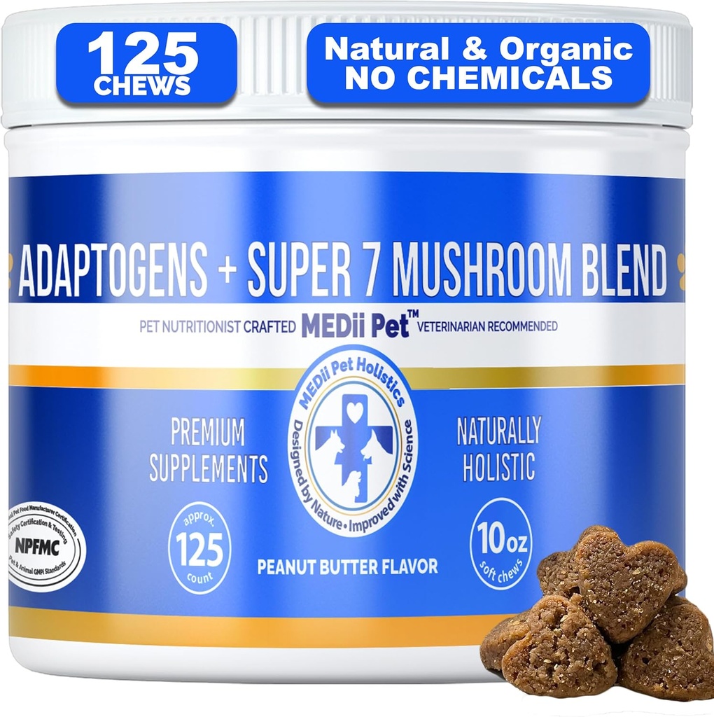 MediiPet 7 Mushrooms Immune Chews - Suplemento de cogomelos para cans - Buddy Guard for Dogs Lumps & Bumps - Reishi, Shiitake, Maitake, Turquía Tail - Promover o benestar, Combate o estrés oxidativo, envellecemento saudable
