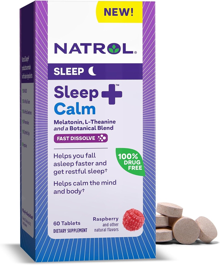 Natrol Sleep + Calm Melatonin 6mg con L-teanina 50mg e una miscela botanica, supplemento dietetico per il sonno riposante e una mente calma e corpo, 60 compresse di dissolve veloce aromatizzate al lampone, alimentazione di 60 giorni