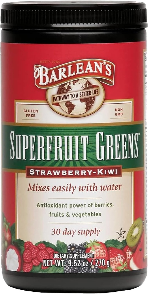 Superfruit Verdes Barlean com poder antioxidante de frutas, frutas e vegetais – Morango Kiwi sabor - Vegan, Não-GMO, Sem glúten - 9.52 oz