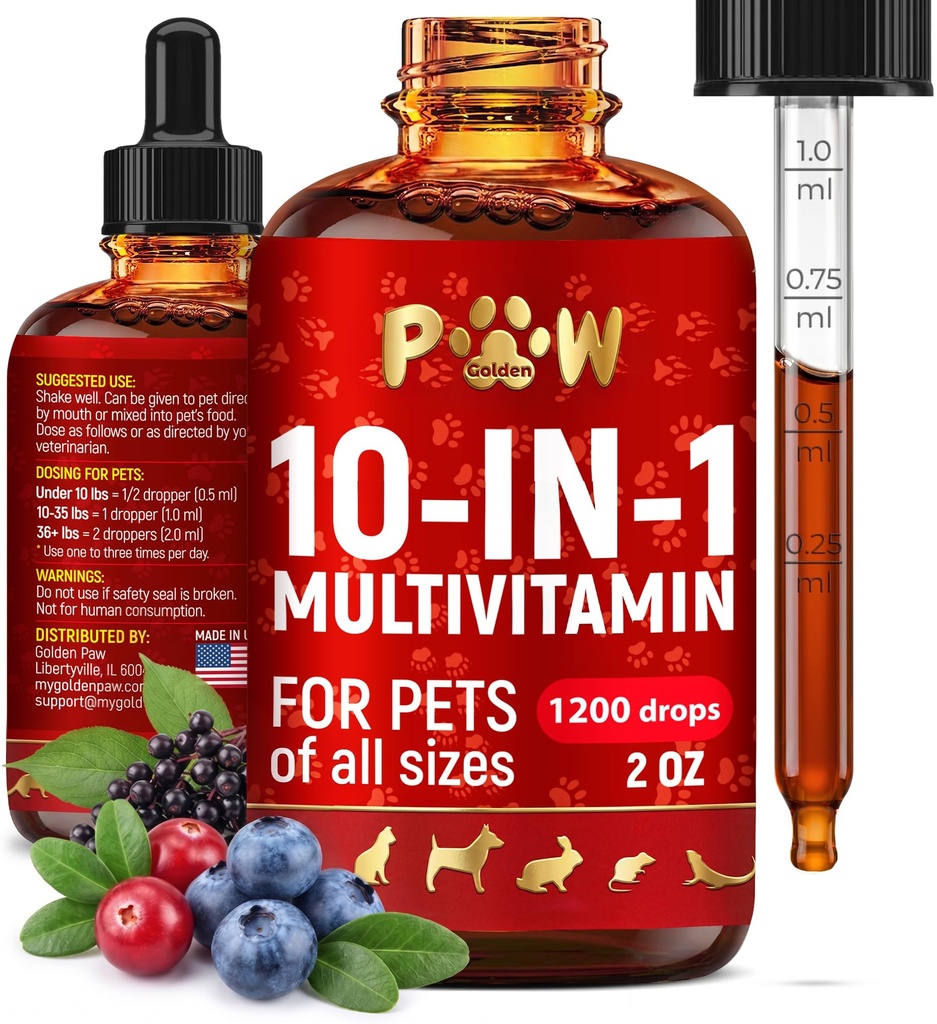 Liquid Multivitamin for Dogs with Glucosamine – Help with Allergies & UTIs – Dog Vitamins and Supplements – Cat Multivitamin for Hips & Joints – B, C & D3 for Coat Shining & Digestion – 2 oz