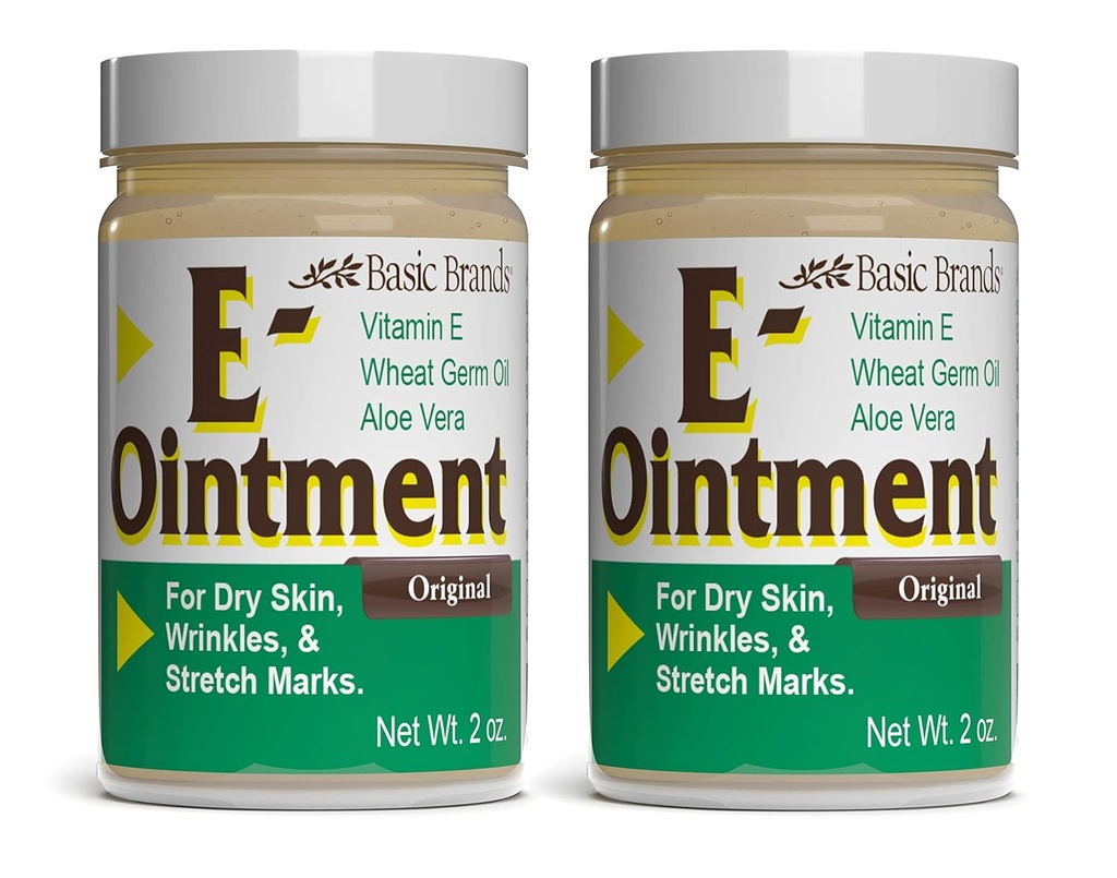 Basic Brands - Vitamin E Ointment - 2oz - Moisture Enhancing - Může pomoci snížit vzhled Jizvy, Stretch Marks, Fine Lines & Wrinkles - 2-Pack