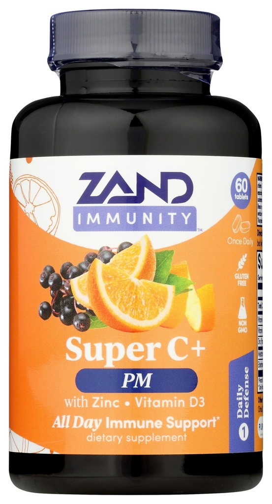 Zand Immunity Super C+ PM, Nighttime Immune Support Plus Melatonin, 1000mg PureWay-C Vitamin C, Zinc, D3 & Elderberry, Enhanced Absorption - 60 Tablets, 30 Servings