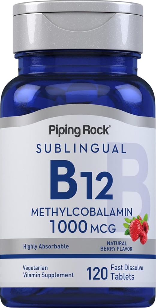 Piping Rock Vitamina B12 1000 mcg Sublingual tención 120 Tablets  durable as Methylcobalamin  Berry Flavor ANTE Vegetarian, Non-GMO, Gluten Free Supplement