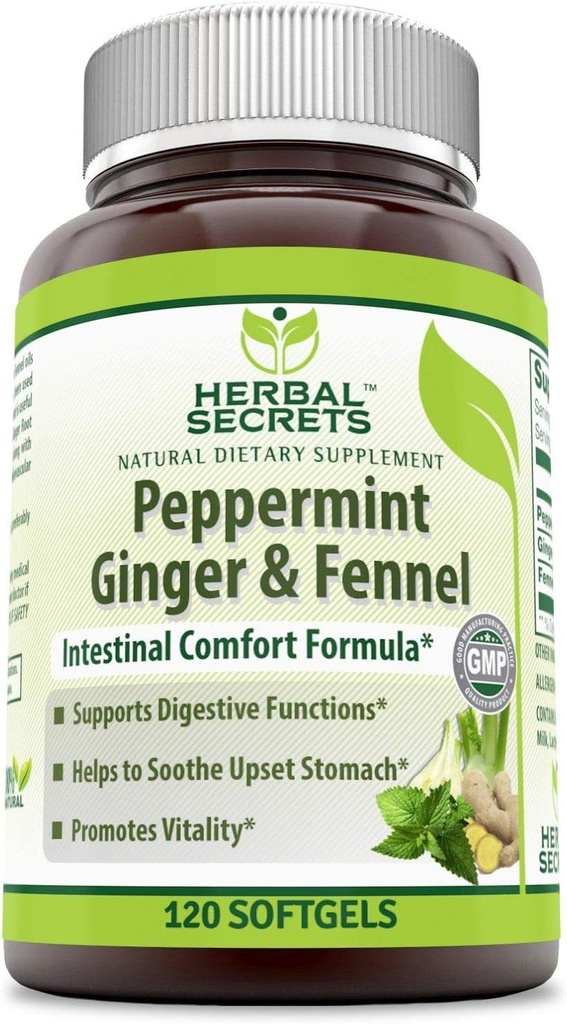 Herbal Secrets Peppermint Ginger & Fennel 120 Softgels (Non-GMO) - Supports Digestive Functions* - Promotes Vitality*- Helps to Sooth Upset Stomach*