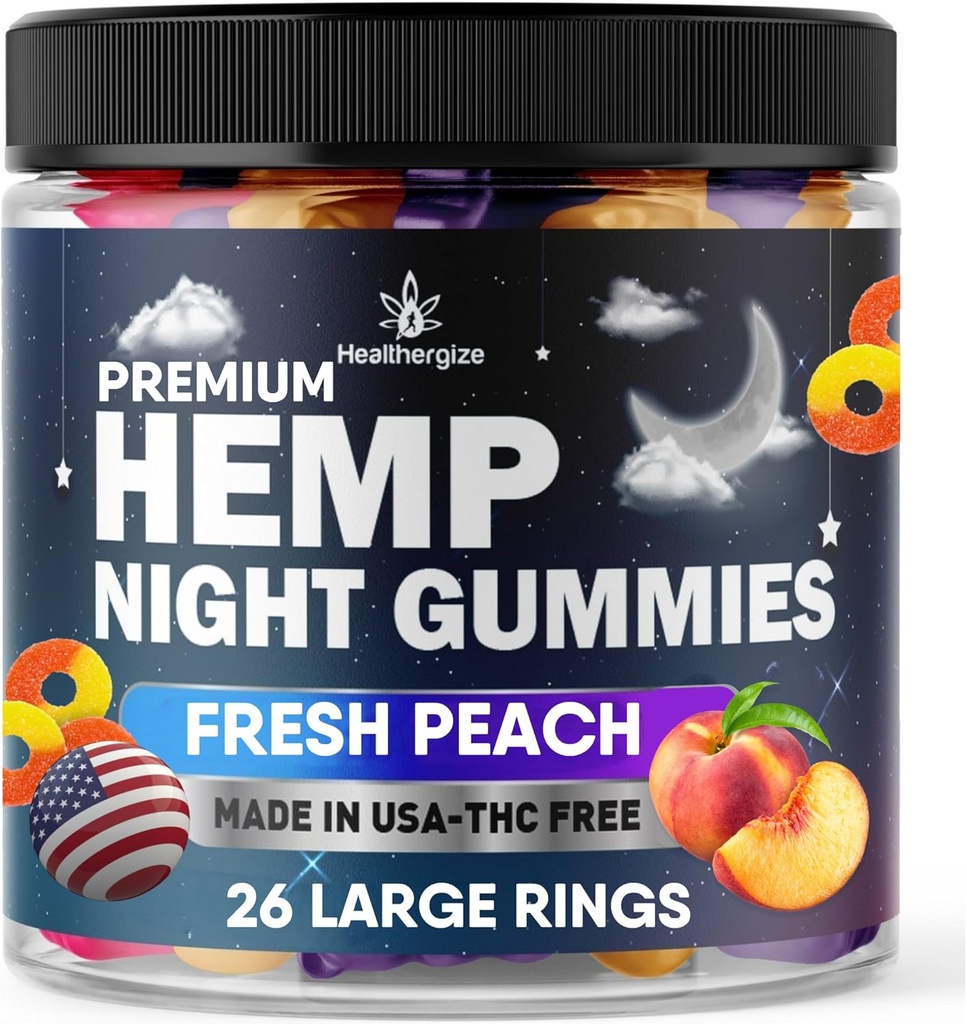 Hemp Gummies Night Time, High Potency Nap Gummies, Peace and Relaxation, Peach Ring Gummy Bear Edibles, Good Mood, Calm Bedtime- Gomitas para Dormir, Natural Hemp Oil- Made in USA