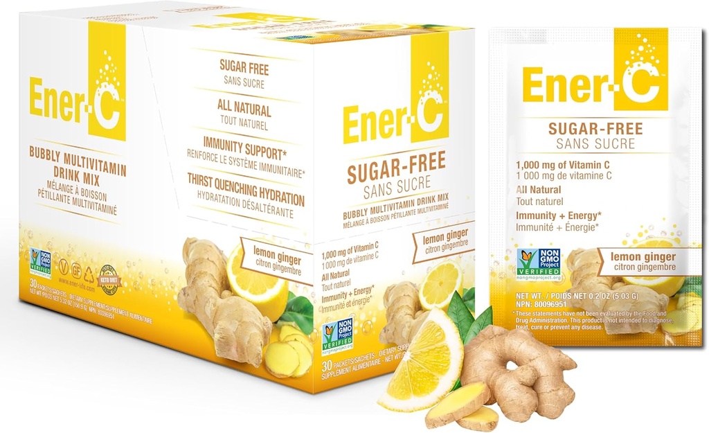 Ener-C Sugar חינם לימון ג'ינג'ר Multivitamin לשתות Mix, 1000 מ"ג ויטמין C, Non-GMO, טבעוני, אבקת פירות אמיתיים, תמיכה בתחמושת טבעית, אלקטרוליטים, Gluten Free, 1-Pack של 30.