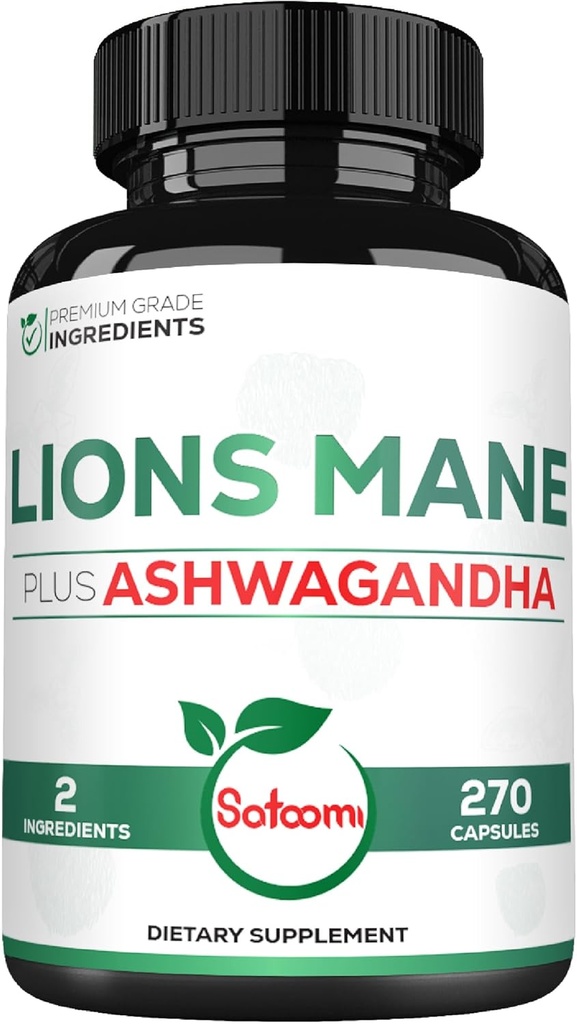 Satoomi Lions Mane Addition Capsules with Ashwagandha Addition - 270 Capsules - High Concentrated for Restory Mind, Srain Health, Immunal System & Focus Support - Nemokama, GMO