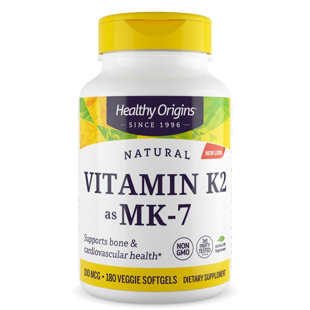 Healthy Origins Vitamin K2 100 mcg (MK-7, Non-GMO, Gluten Free, Cardiovascaular Support, Bone Support), 180 Veggie Gels