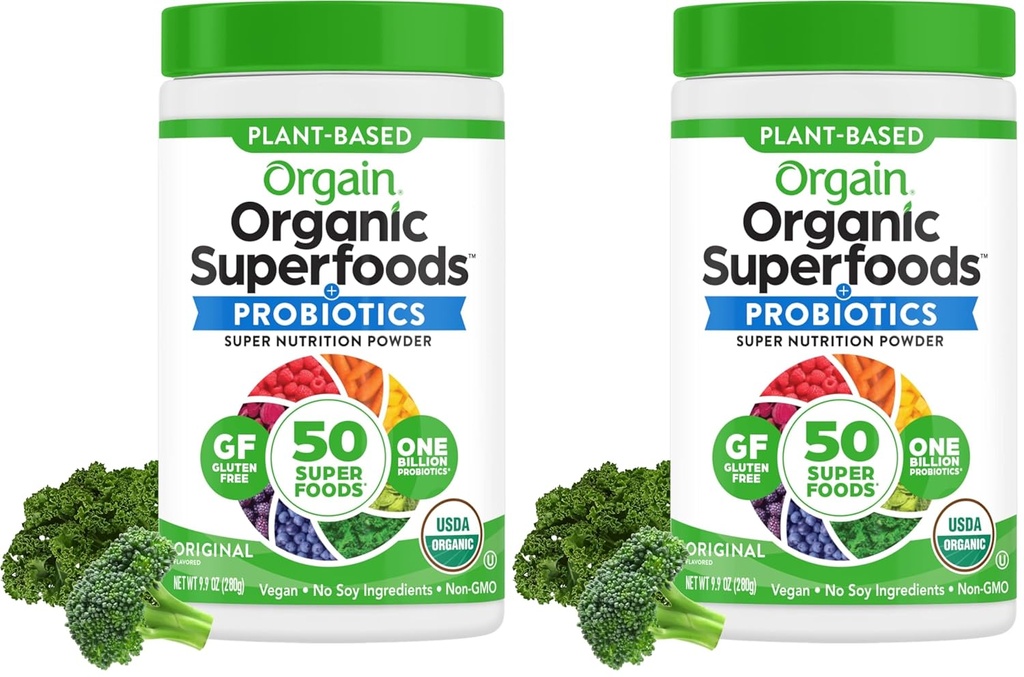 Orgain Organic Greens Powder + 50 Superfoods, Original - 1 Miljard Probiotica voor Gut Health, Antioxidanten, Vegan, Plant Based, Gluten Free, Non GMO, Dairy Free Juice & Smoothie Mix - 0,62lb