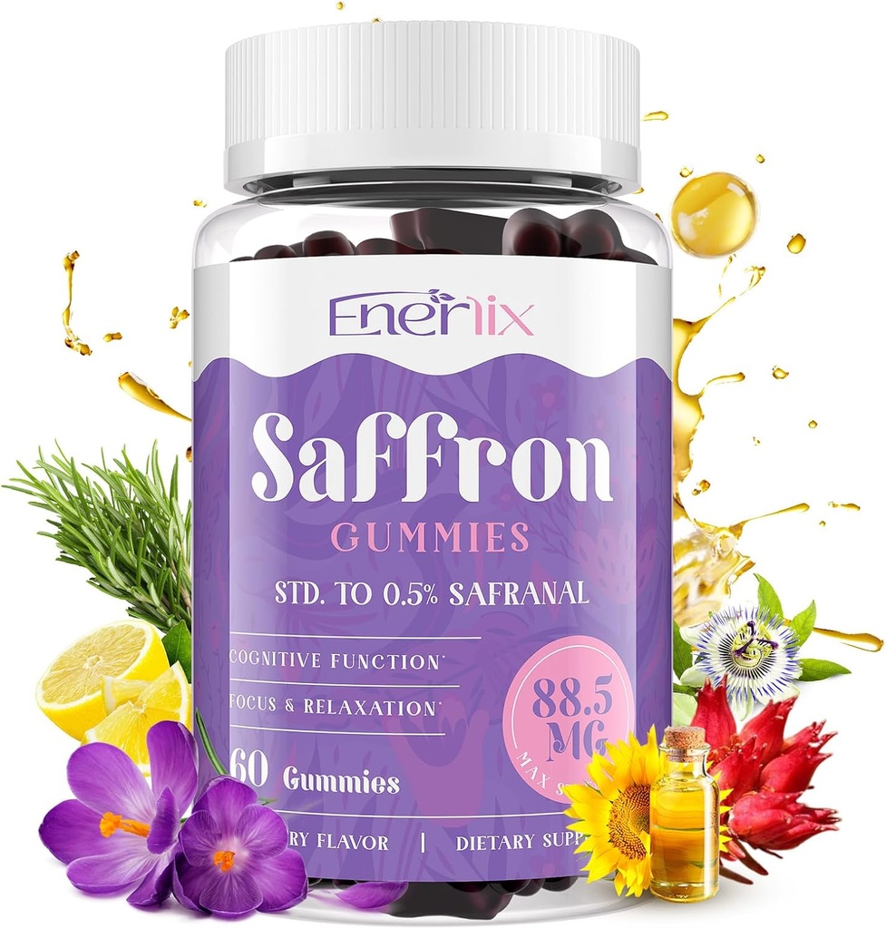 Saffron Gummies 88.5 mg con Magnesium, Max Strength Saffron Suplementos con St. John’s Wort, GABA, Rhodiola, Rosemary &amp; Passion Flower Extracts for Mood, Focus - 60 Servings