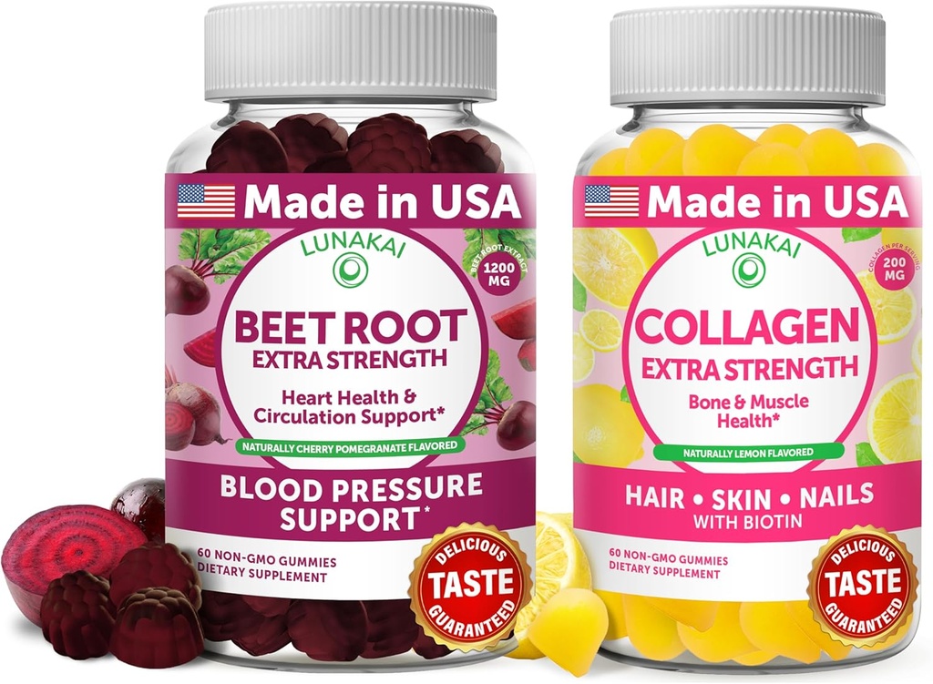 Lanakai Beet Root dan Collagen Gummies Bundle 200mg Hydrolyzed Collagen Gummer for Women and Men with Biotin, Zinc, Vitamin C and E - Non-GMO Anti Aging