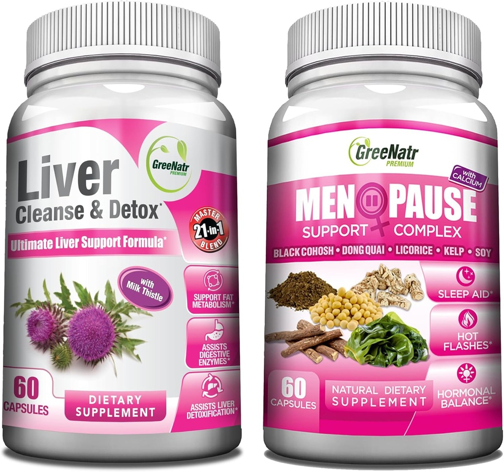 GreeNatr Synerginen Bundle - Herbal Menopause Support Complex Hot Flashs, Night Swats & Mood Swings Relief Plus Total Liver elvyttää kanssa Synergistinen maksan puhdistus