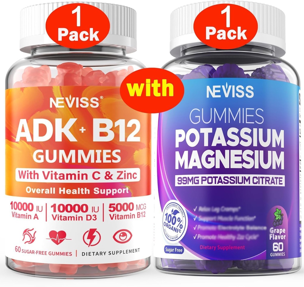 NEVISS 1Pack Witamina ADK z B12 + 1Pack Potasu Magnezu Gumie