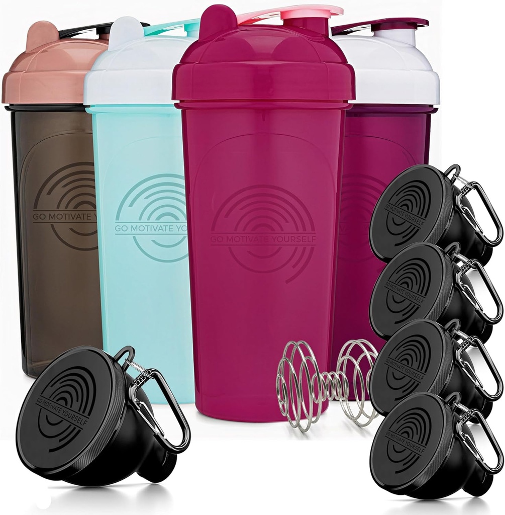 GOMOYO Fitness Bundle - 4-Pack Shaker Lahvičky s Agitator + 5-Pack Protein Funnels s karabinkou, BPA-zdarma & myčka nádobí Safe