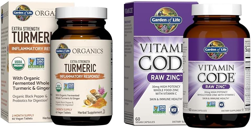 Garden of Life Turmeric Inflammatory Response 60 Tablets 100mg Curcumin & Cink kiegészítők 30mg magas potencia az immunrendszeri egészség