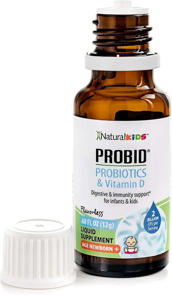 NaturalKids Probióticos líquidos para bebés e nenos con caídas Probióticos de vitamina D para nenos saúde Digestiva e suplemento inmune - Probid Baby Drops Probiótico - Flavorless .68 Fl Oz.