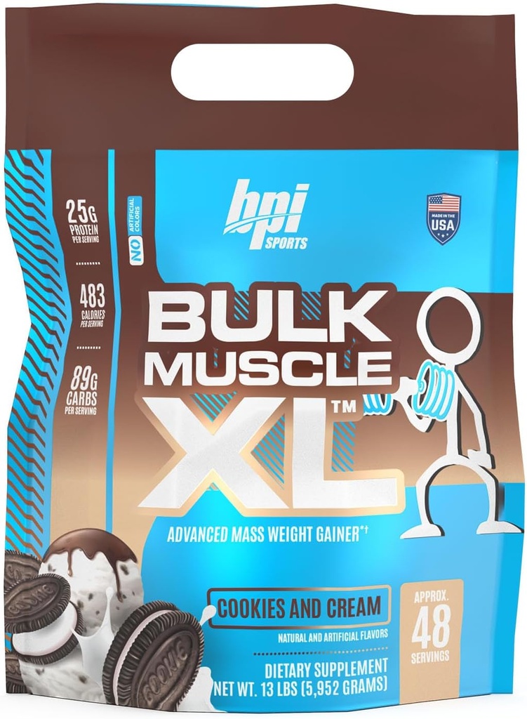 BPI Sports Bulk Muscle XL - Advanced Mass Weight Gainer for Serious Muscle Building & Recovery, 25g Protein & 497 Calories Per Serving - Chocolate, 13lb Bag (13lb, Cookies and Cream)