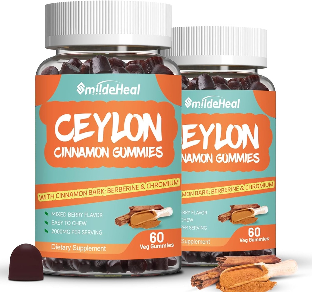 2 Pack Sugar Free Ceilonas Cinnamon Gummies 2000MG, Cinnamon Addition with Chromo and Cinnamon Bark, Vegan, Non- GMO, Gluten Free, 120 Gummies