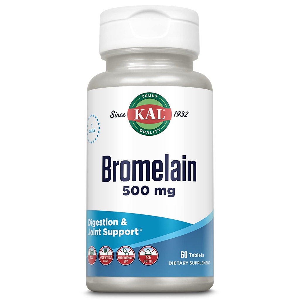 KAL Bromelain 500 mg, Digestion and Joint Support Supplement, Digestive Enzymes, Pineapple Extract, Rapid Disintegration, Vegan, Made Without Dairy or Soy, Lab Verified, 60 Servings, 60 Tablets | Digestive Enzymes, Pineapple Extract, Rapid Disintegration, Vegan, Lab Verified