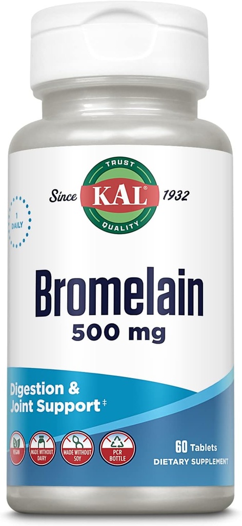 KAL Bromelain 500 mg, Digestion og felles støtte Supplement, Digestive Enzymer, Pineapple Extract, Rapid Disintegrasjon, Vegan, laget uten darlig eller soya, Lab verifisert, 60 serveringer, 60 tabletter