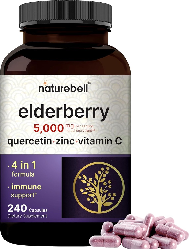 NatureBell Sambucus Elderberry капсули, 5000mg per Serving with Quercetin 500mg, Vitamin C and Cincle, 240 Court  горнище от европейски плодове от черен бъз 4 в 1 Добавки за имунна поддръжка