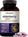NatureBell Sambucus Elderberry Capsules, 5000mg Per servering med Quercetin 500mg, Vitamin C og sink, 240 Count | Europeisk Black Elderberry Fruit Extract – 4 i 1 Immune Support Supplements