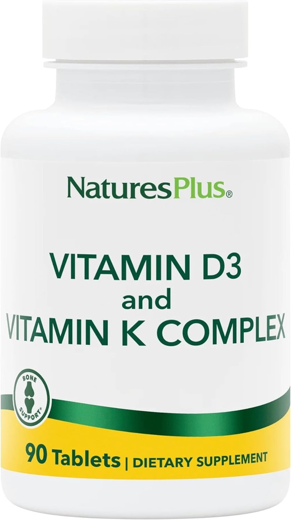 Natures Plus Vitamiinid D3 ja K2-90 Tabletid - Soodustab Luude Toetust, Immuunfunktsiooni, Südame-veresoonkonna Tervist Ja Meeleolu Tasakaalu - Taimetoitlane, Gluteenivaba - 90 Servingut