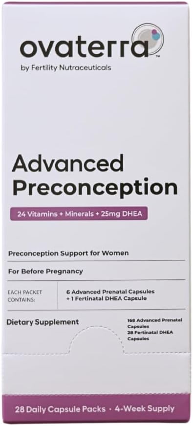 Ovaterra Advanced Preconception Vitamins för kvinnor med DHEA 25mg, Choline 550 mg, Folate (Methylfolat) 1,010 mcg, Omega-3 DHA & EPA 196 Capsules - 28 Day Supply