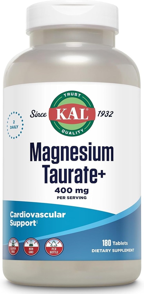 KAL Magnesi Taurte 400mmg Plus Coenzyme B6, Cheted Magnesi suplementari, funció Muscle, Glutin Free, Vegan, 90 Serv, 180 taules
