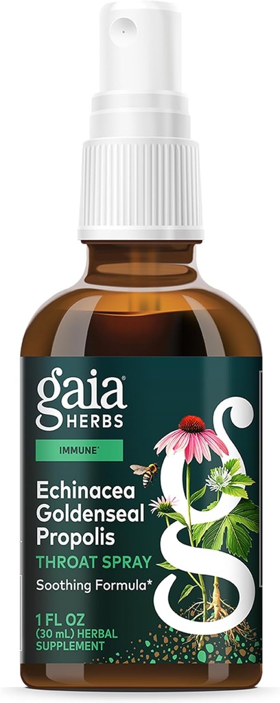 Gaia Herbs Echinacea Goldenseal Propolis Throat Spray - Immune Support & Throat Health - Licorice Root, Thyme, Echinacea, Peppermint eta Oregon Grape - 1 Oz Spray botila organikoa
