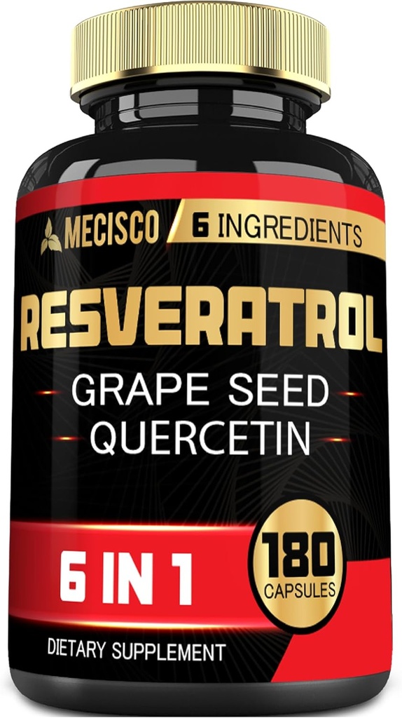 6in1 Trans Resveratrol Supplement med Grape Seed, Melke Thistle, og mer - Resveratrol 1000mg - Støtter for immunsystem, hjertehelse, kroppshåndtering - 180 kapsler