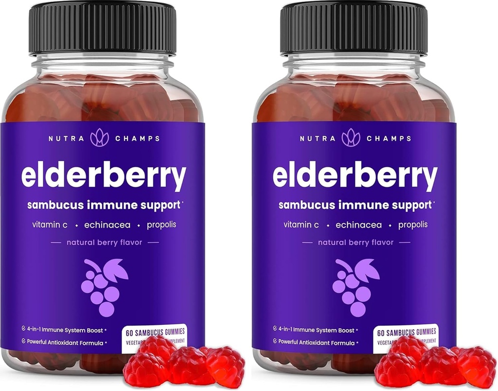 NutraChamps Elderberry Gummies z witaminą C, Propolis & Echinacea - System immunologiczny Support Gummy Witaminy dla dorosłych i dzieci - Max Siła 200mg Sambucus Przeciwutleniacz (Opakowanie 2)
