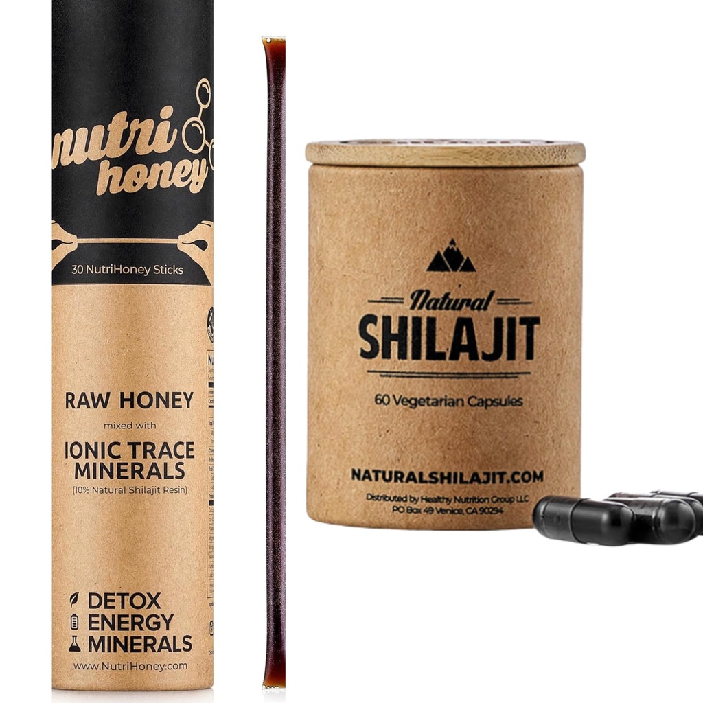 NATURAL SHILAJIT Capsules (1-2 Months Supply) | 60 Count & Shilajit Honey Sticks Resin Mixed with Raw Honey (30 Sticks)