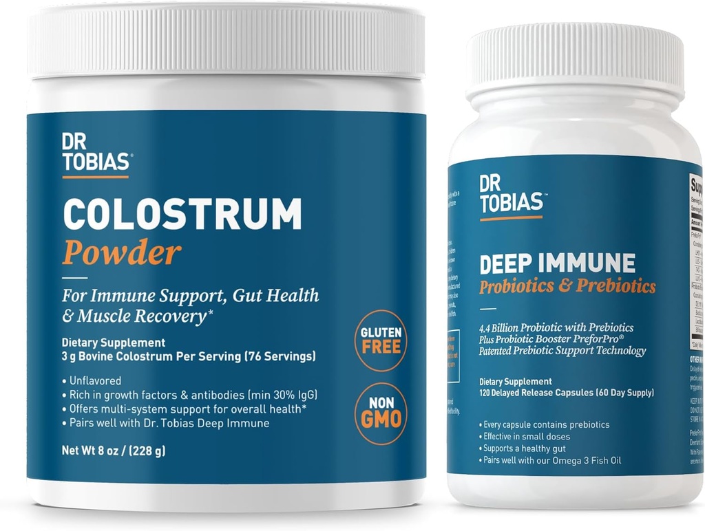 Dr. Tobias Deep Immune Probiotics & Prebiotics and Colostrum אבקה - תמיכה בבריאות העיכול, בריאות Gut, ו- Immune Function