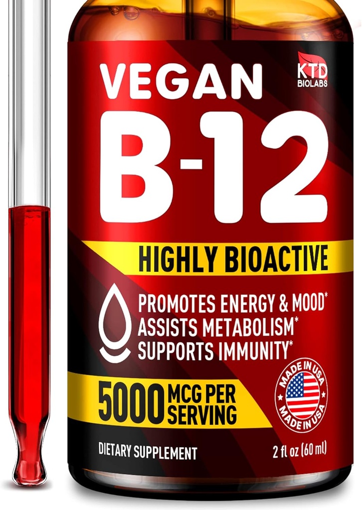 B12 Sublingual 5000 mcg Drops - Made in USA - Vegan B12 Vitamine per l'energia, Mood & Memory - Gocce sublinguali altamente biodisponibili - Methylcobalamin per le donne & uomini - 2 fl. oz.