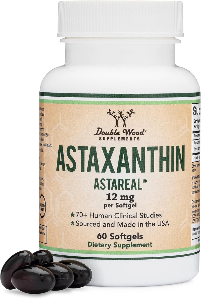 Astaxanthin 12mg Max Power (只有专利的 Astaxanthin (Astral)) 70+人类临床试验 - 世界最受研究的品牌) 生长,收获,美国制造(Astaxantina) 由双木公司制作