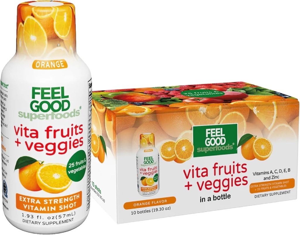 FeelGood Superfoods Vita Fruits and Veggies Immune Support Shot Supplements, Arancione Flavor, Confezione da 10 Shots Immmuni, Sistema Immune Booster Drink Made with 25 Organic Fruit & Vegetas