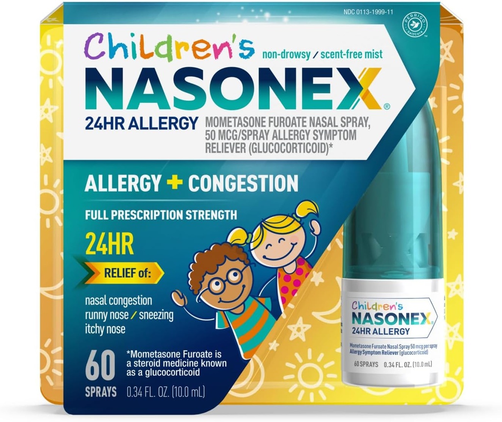 Nasonex vaikų 24HR alergija Nazal Spray, Non- Drowsy, Scent- Free Mist, Alergija Simptomai + Nazal Congestion, Pilnas receptas Stiprumas, 60 purkštuvai