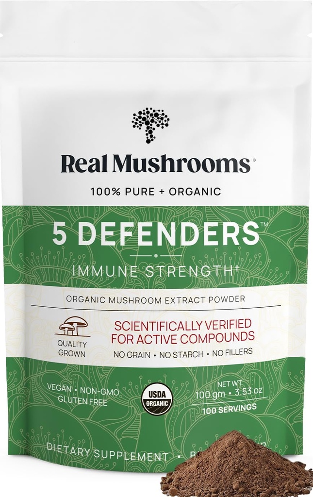 Real Mushrooms 5 Defenders Mushroom Complex Powder - Organic Mushrooms Extract from Chaga, Reishi, Turcja Ogon, Maitake & Shiitake Mushroom Blend for Wellness Support with Beta Glucans - 100 Servings