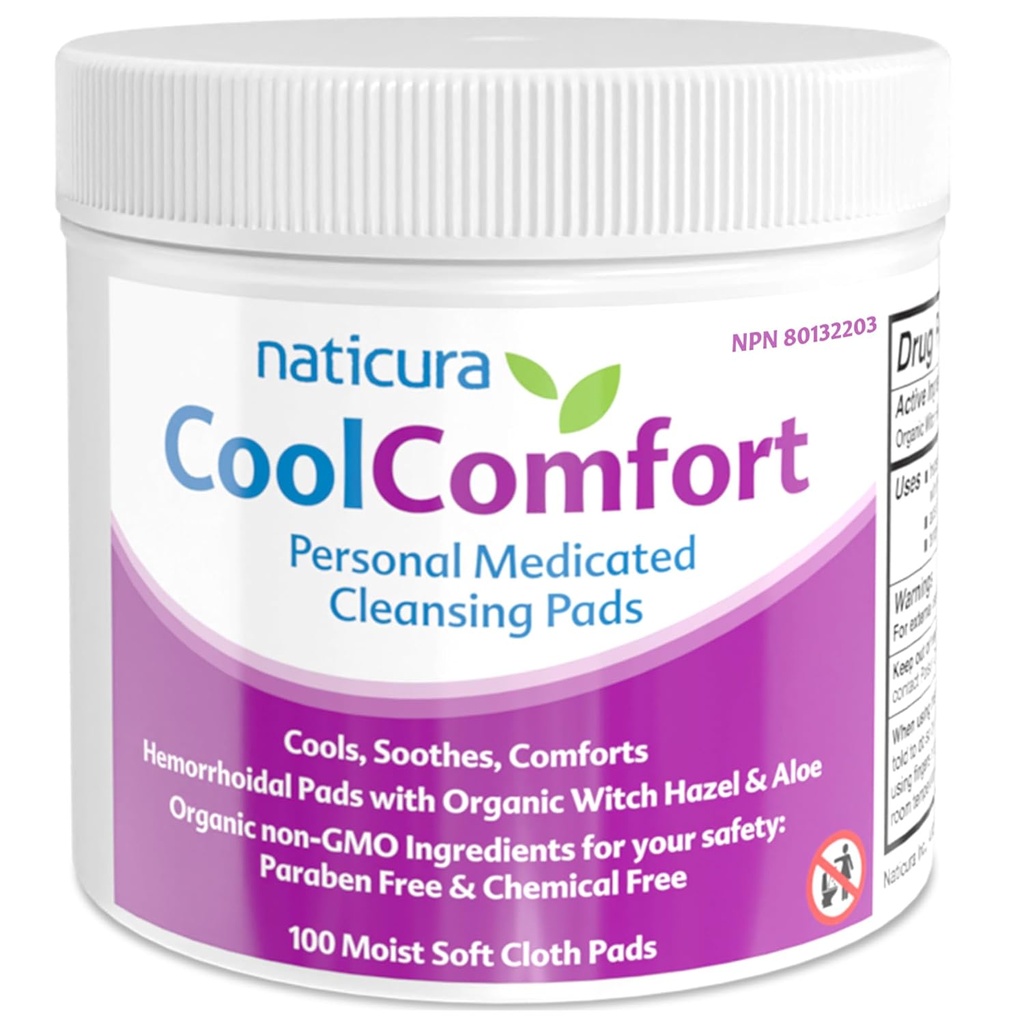 CoolComfort Personal Cleaning Pads with Organic Witch Hazel and Aloe Vera - All-Физически и бързи действащи кърпички за изгаряне на хемороиди, сърбеж, болка и подуване - 100 Pads - No Parabens