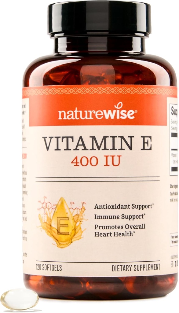 NatureWise Vitamin E 400 IU Softgels (180 mg DL-Alpha) - Süt, Gluten & Soy Free - Antioksi-Rich Diyetary Supplement for Skin, Heart, and Immune Health Support - 4-Month Supply, 120 Count
